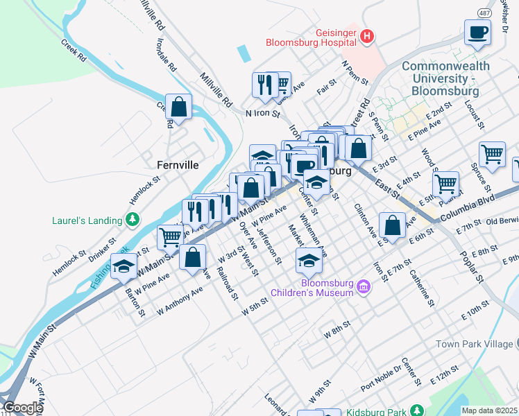 map of restaurants, bars, coffee shops, grocery stores, and more near 150 West Ridge Avenue in Bloomsburg