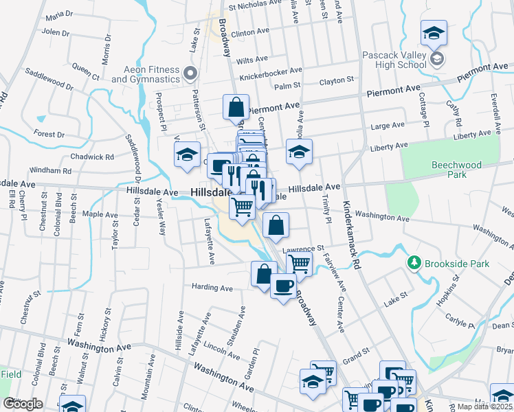 map of restaurants, bars, coffee shops, grocery stores, and more near 88 Broadway in Hillsdale