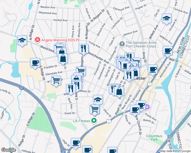 map of restaurants, bars, coffee shops, grocery stores, and more near 58 Prospect Street in Port Chester