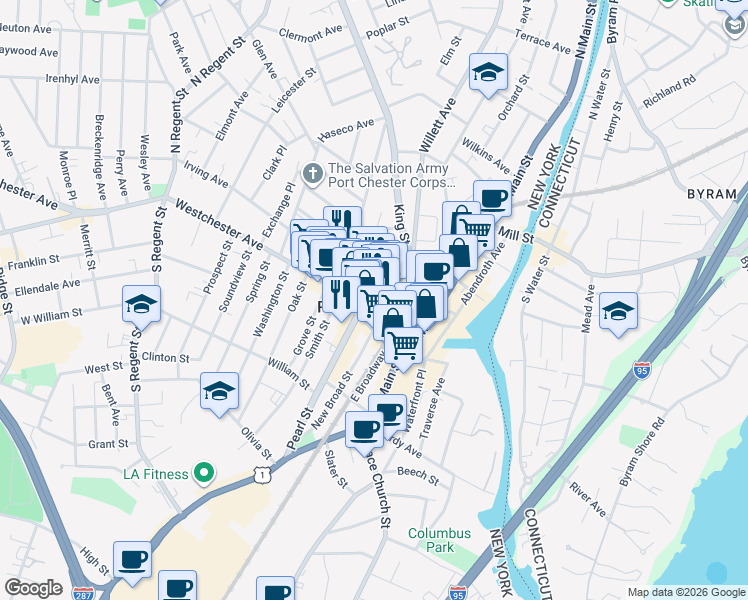 map of restaurants, bars, coffee shops, grocery stores, and more near in Port Chester