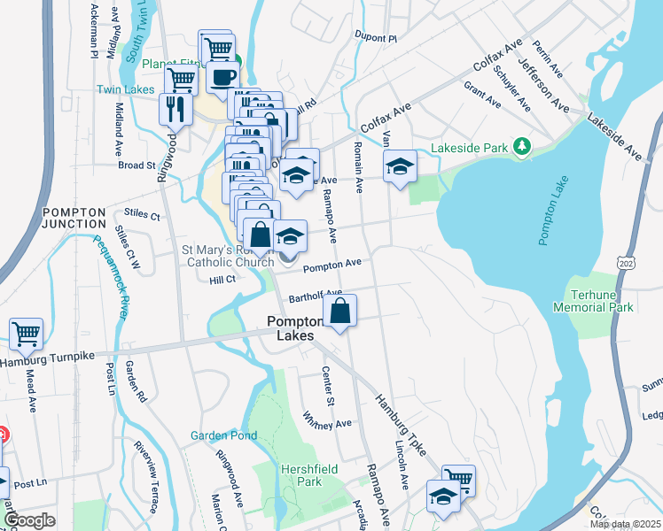 map of restaurants, bars, coffee shops, grocery stores, and more near 124 Ramapo Avenue in Pompton Lakes