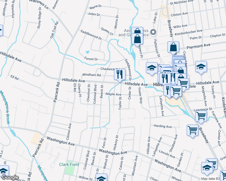 map of restaurants, bars, coffee shops, grocery stores, and more near 43 Oak Street in Hillsdale