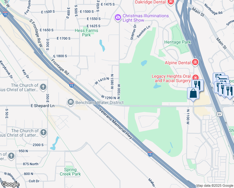 map of restaurants, bars, coffee shops, grocery stores, and more near 1345 North 1500 West in Farmington