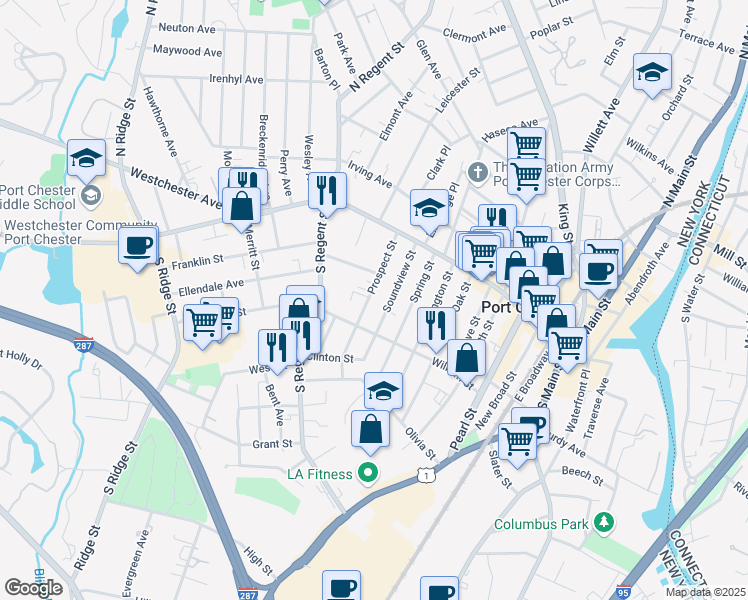 map of restaurants, bars, coffee shops, grocery stores, and more near 58 Prospect Street in Port Chester
