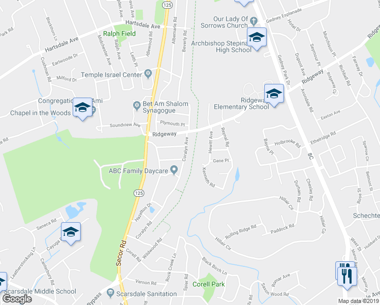 map of restaurants, bars, coffee shops, grocery stores, and more near 10 Coralyn Avenue in White Plains