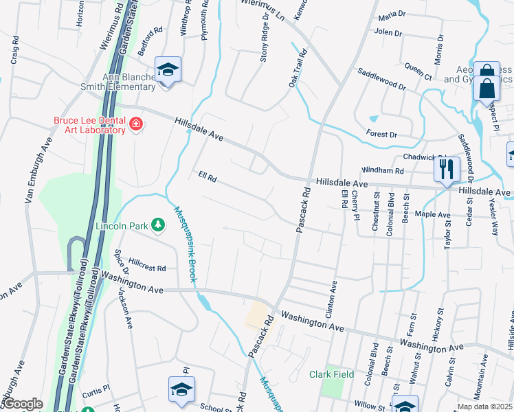 map of restaurants, bars, coffee shops, grocery stores, and more near 264 Ell Road in Hillsdale