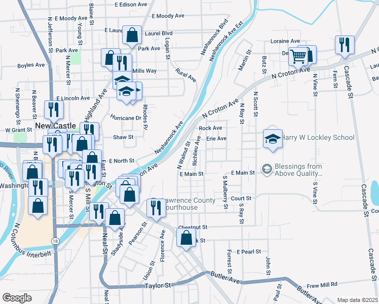 map of restaurants, bars, coffee shops, grocery stores, and more near 208 North Walnut Street in New Castle