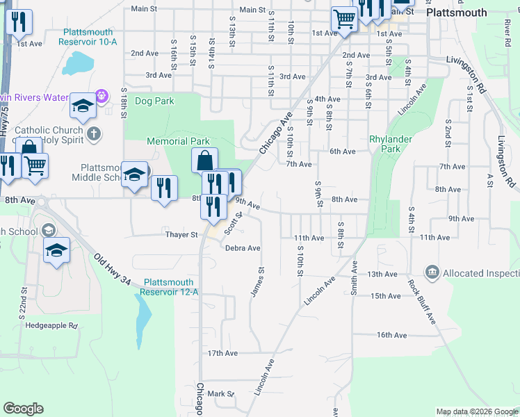 map of restaurants, bars, coffee shops, grocery stores, and more near 824 Chicago Avenue in Plattsmouth