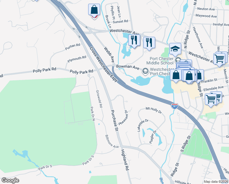 map of restaurants, bars, coffee shops, grocery stores, and more near 611 Purchase Street in Rye