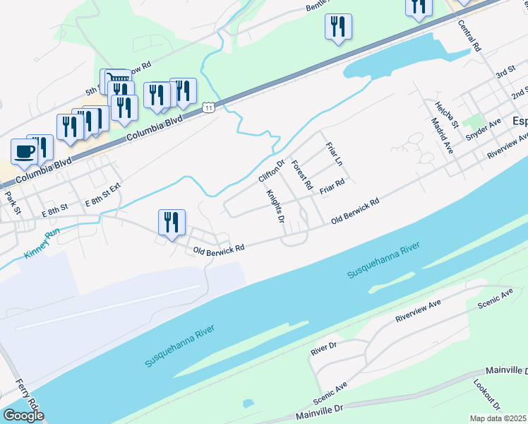map of restaurants, bars, coffee shops, grocery stores, and more near 125 Nottingham Road in Bloomsburg