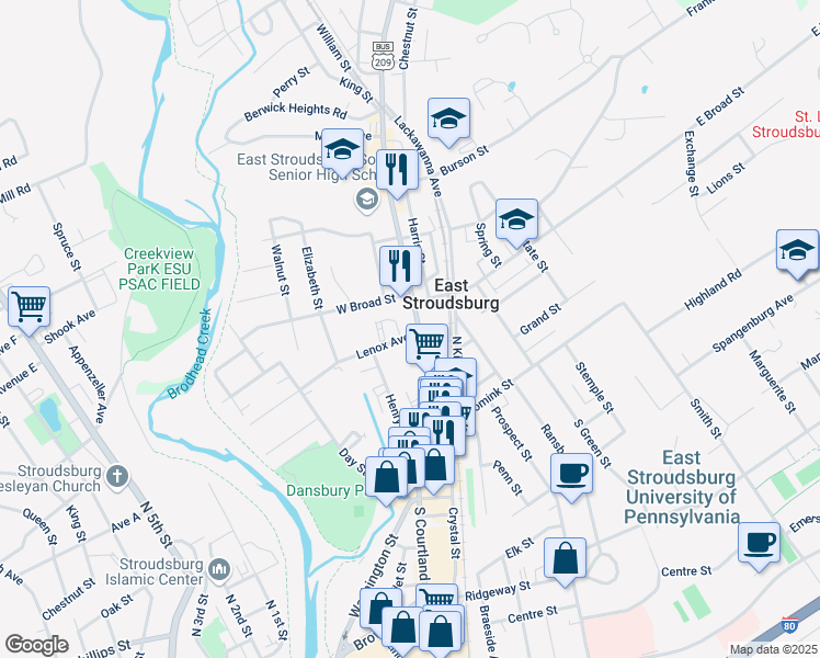 map of restaurants, bars, coffee shops, grocery stores, and more near 111 North Courtland Street in East Stroudsburg