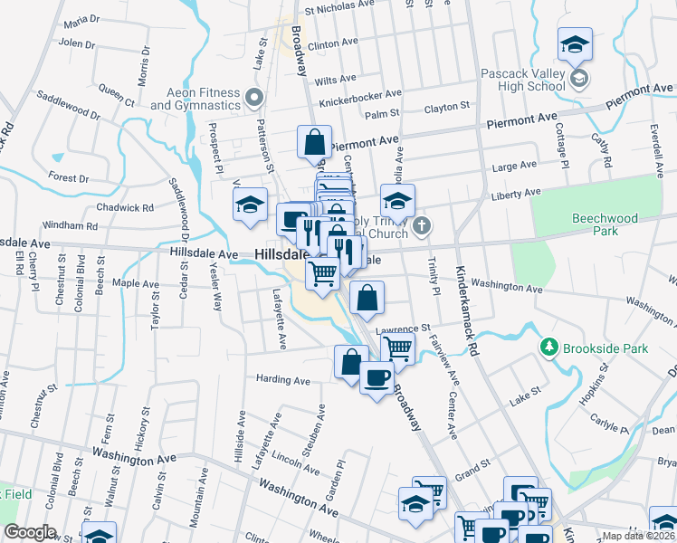 map of restaurants, bars, coffee shops, grocery stores, and more near 86 Broadway in Hillsdale