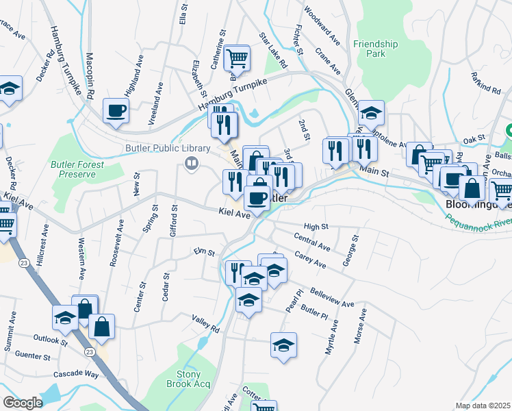 map of restaurants, bars, coffee shops, grocery stores, and more near 140 Main Street in Butler