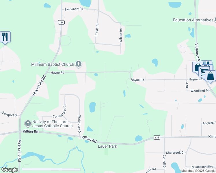 map of restaurants, bars, coffee shops, grocery stores, and more near 2760 Hayne Road in Akron