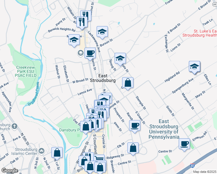 map of restaurants, bars, coffee shops, grocery stores, and more near 70 Lackawanna Avenue in East Stroudsburg