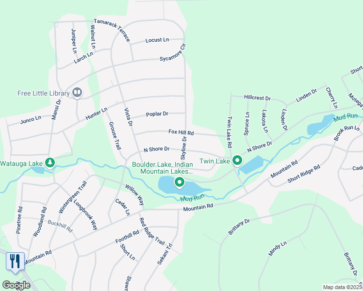 map of restaurants, bars, coffee shops, grocery stores, and more near 42 Fox Hill Road in Albrightsville