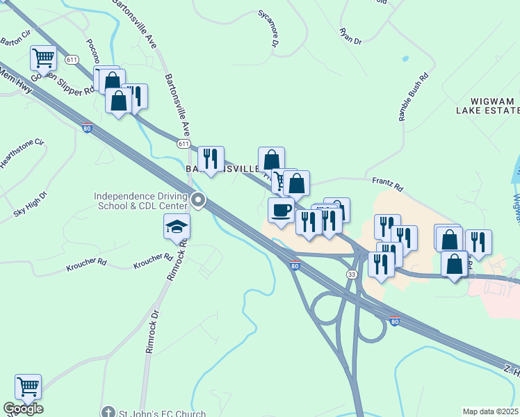 map of restaurants, bars, coffee shops, grocery stores, and more near 115 Kirk Lane in Stroudsburg