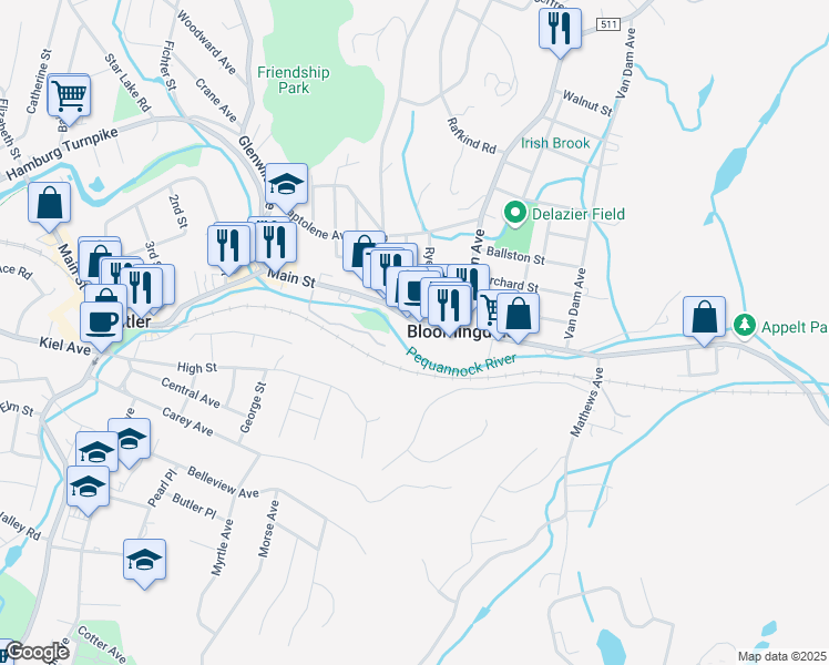 map of restaurants, bars, coffee shops, grocery stores, and more near Riverside Square in Bloomingdale