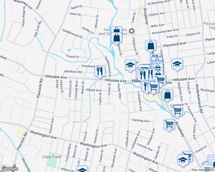 map of restaurants, bars, coffee shops, grocery stores, and more near 55 Cedar Street in Hillsdale