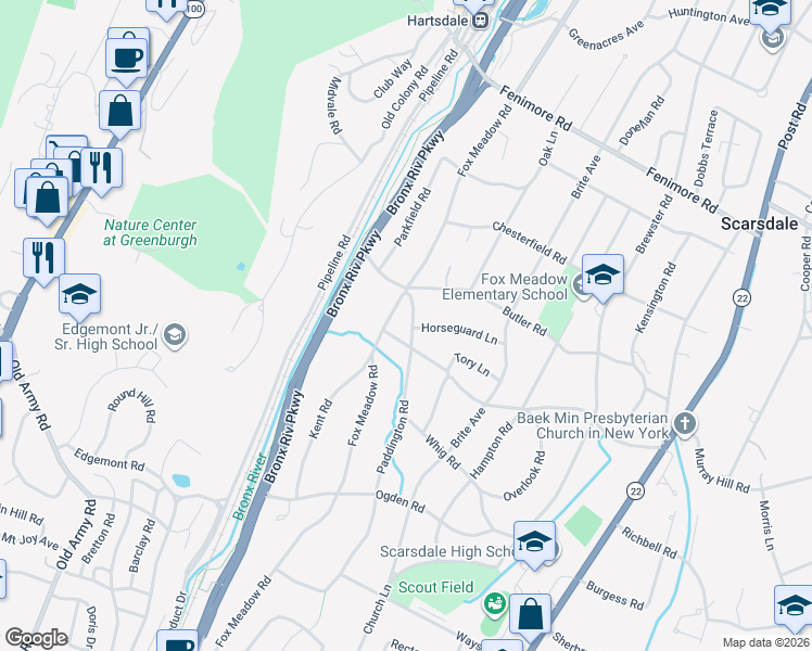 map of restaurants, bars, coffee shops, grocery stores, and more near 180 Fox Meadow Road in Scarsdale