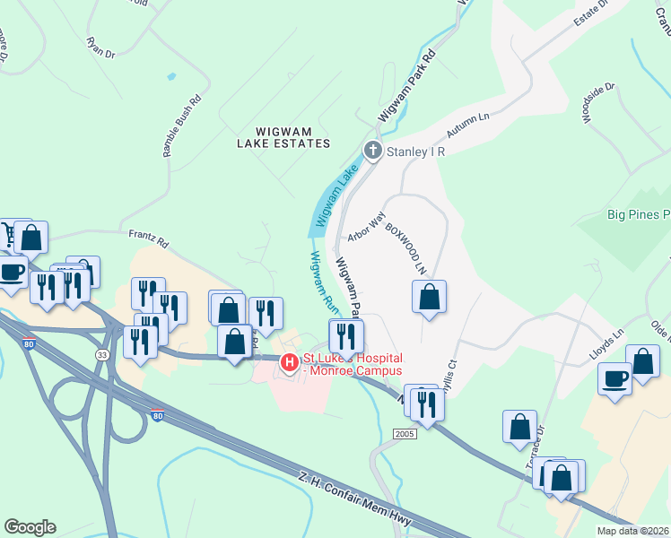 map of restaurants, bars, coffee shops, grocery stores, and more near 7728 Wigwam Park Road in Stroudsburg