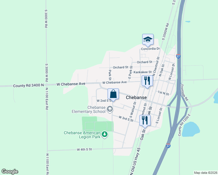 map of restaurants, bars, coffee shops, grocery stores, and more near 382 West Chebanse Avenue in Chebanse