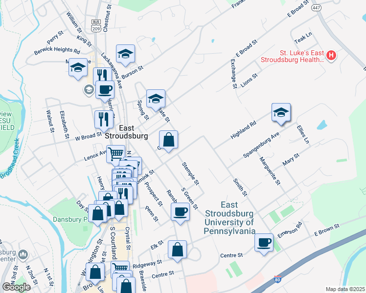 map of restaurants, bars, coffee shops, grocery stores, and more near 196 Analomink Street in East Stroudsburg