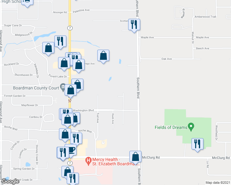 map of restaurants, bars, coffee shops, grocery stores, and more near 164 Stadler Court in Youngstown