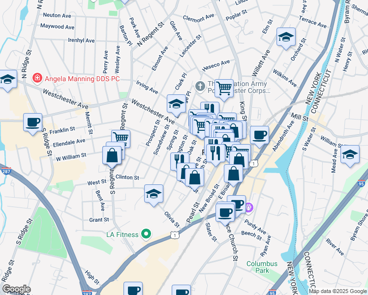 map of restaurants, bars, coffee shops, grocery stores, and more near 16 Washington Street in Port Chester