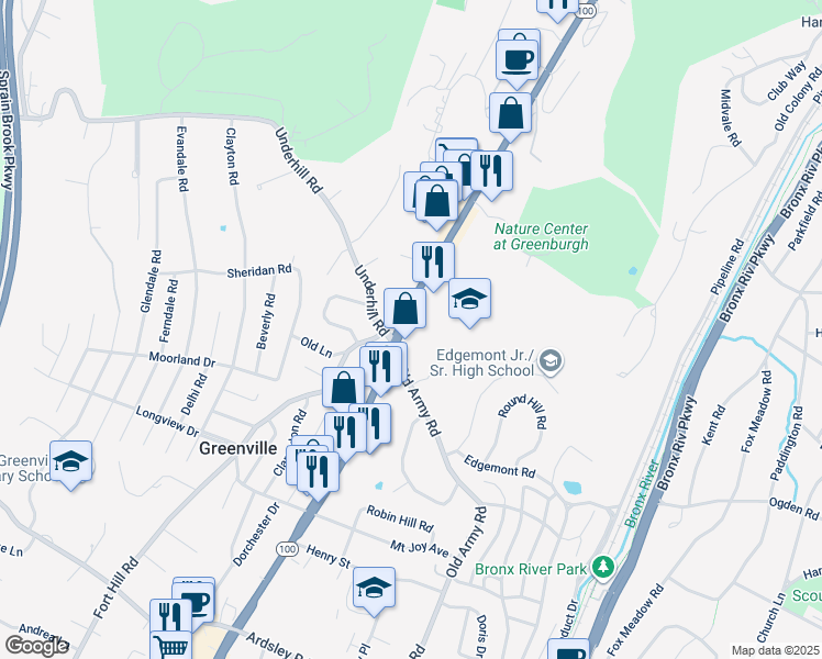 map of restaurants, bars, coffee shops, grocery stores, and more near 594 Central Park Avenue in Scarsdale