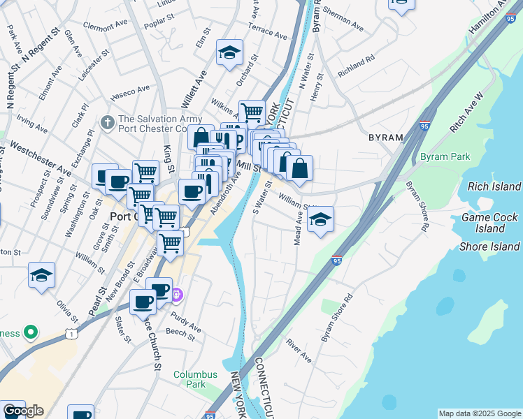 map of restaurants, bars, coffee shops, grocery stores, and more near 34 South Water Street in Greenwich