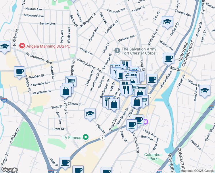 map of restaurants, bars, coffee shops, grocery stores, and more near 16 Washington Street in Port Chester
