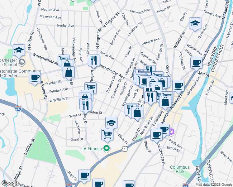 map of restaurants, bars, coffee shops, grocery stores, and more near 43 Soundview Street in Port Chester