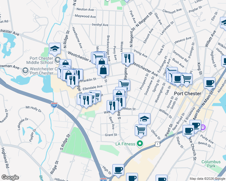 map of restaurants, bars, coffee shops, grocery stores, and more near 65 Merritt Street in Port Chester