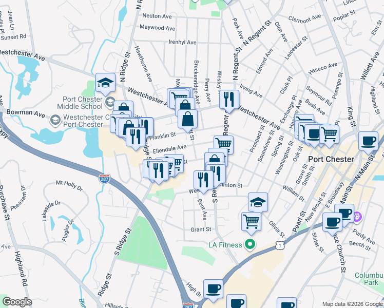 map of restaurants, bars, coffee shops, grocery stores, and more near 65 Merritt Street in Port Chester