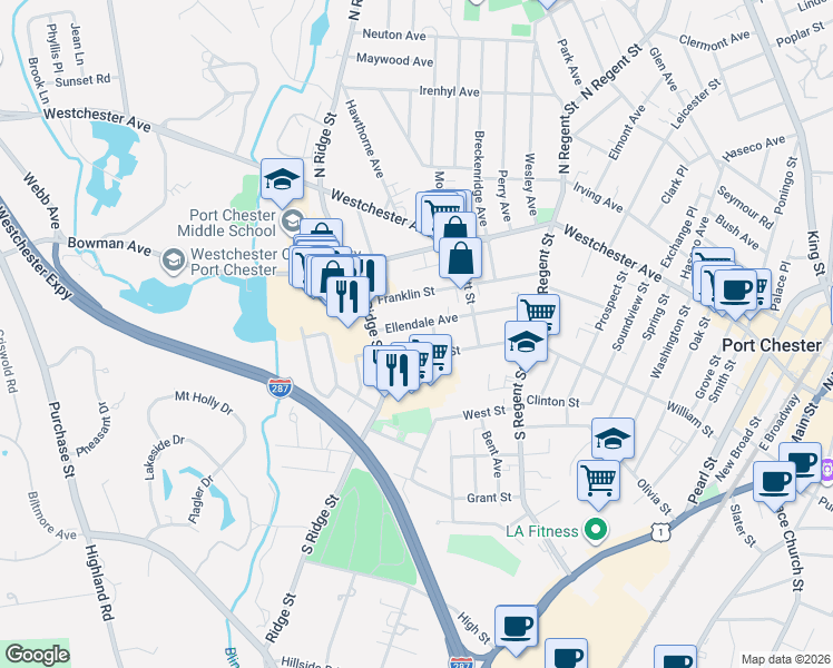 map of restaurants, bars, coffee shops, grocery stores, and more near 523 Ellendale Avenue in Rye Brook