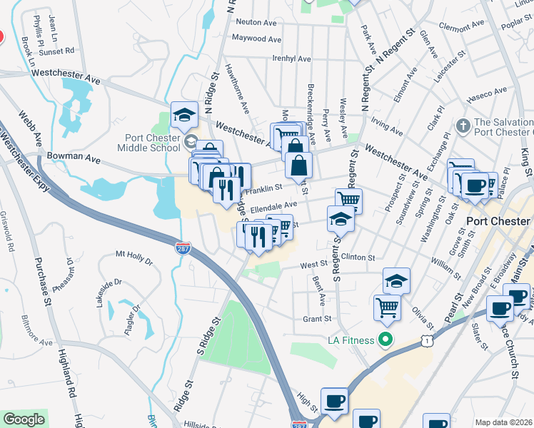 map of restaurants, bars, coffee shops, grocery stores, and more near 523 Ellendale Avenue in Rye Brook