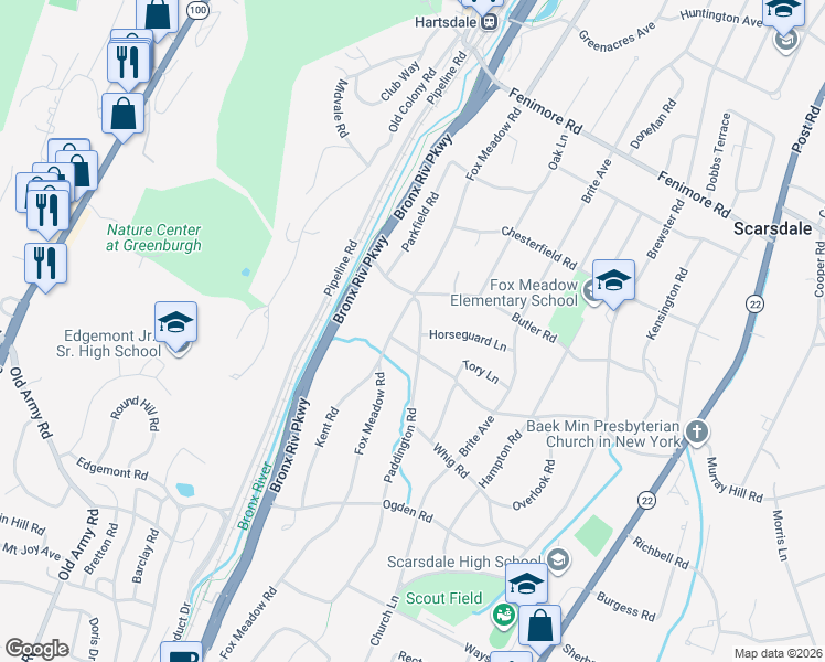 map of restaurants, bars, coffee shops, grocery stores, and more near 180 Fox Meadow Road in Scarsdale