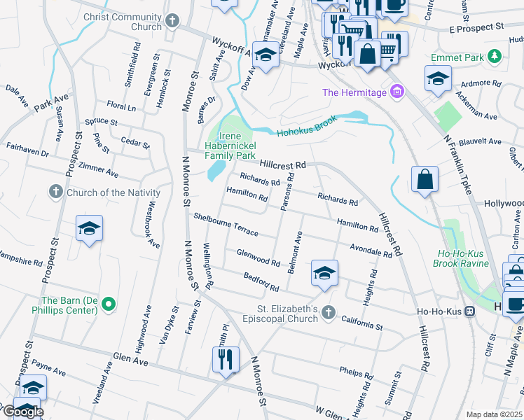 map of restaurants, bars, coffee shops, grocery stores, and more near 333 Hamilton Road in Ridgewood