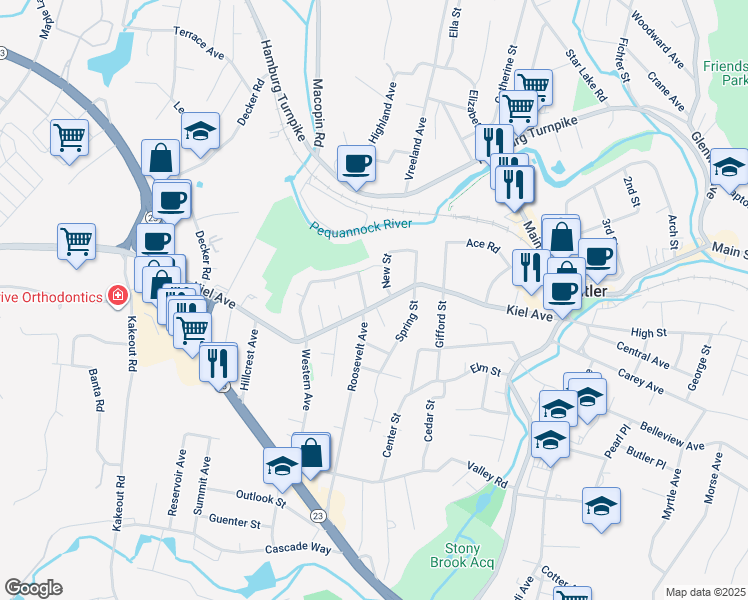 map of restaurants, bars, coffee shops, grocery stores, and more near 61 North Western Avenue in Butler