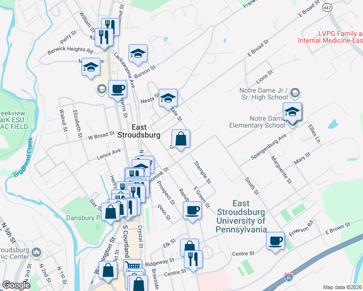 map of restaurants, bars, coffee shops, grocery stores, and more near 70 Grand Street in East Stroudsburg