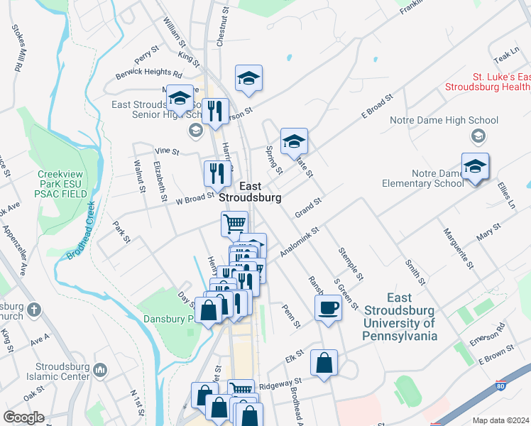 map of restaurants, bars, coffee shops, grocery stores, and more near 70 Lackawanna Avenue in East Stroudsburg