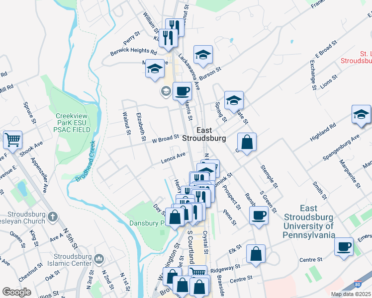 map of restaurants, bars, coffee shops, grocery stores, and more near 123 U.S. 209 Business in East Stroudsburg