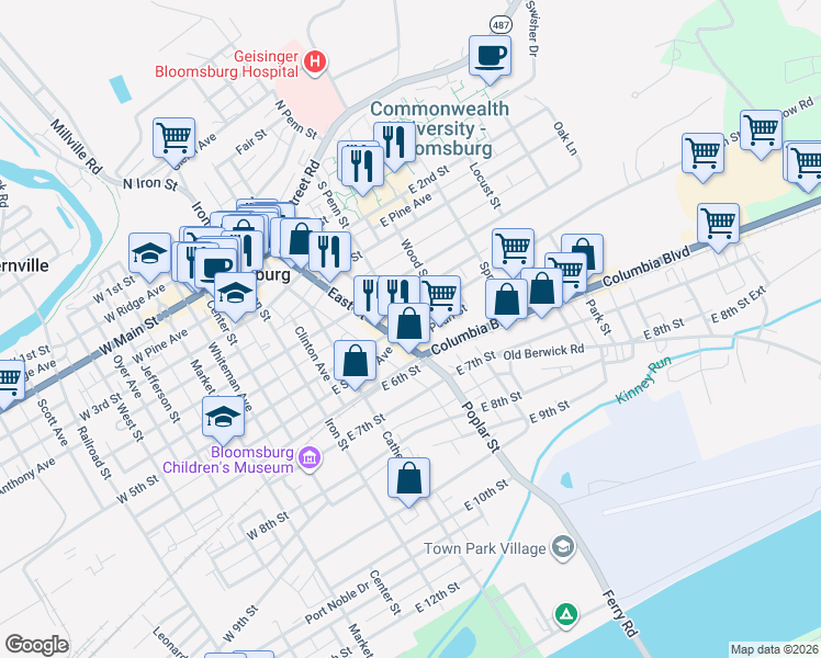 map of restaurants, bars, coffee shops, grocery stores, and more near 459 East Street in Bloomsburg