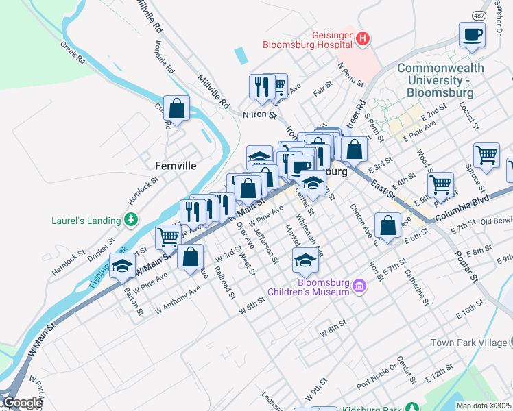 map of restaurants, bars, coffee shops, grocery stores, and more near 150 West Ridge Avenue in Bloomsburg