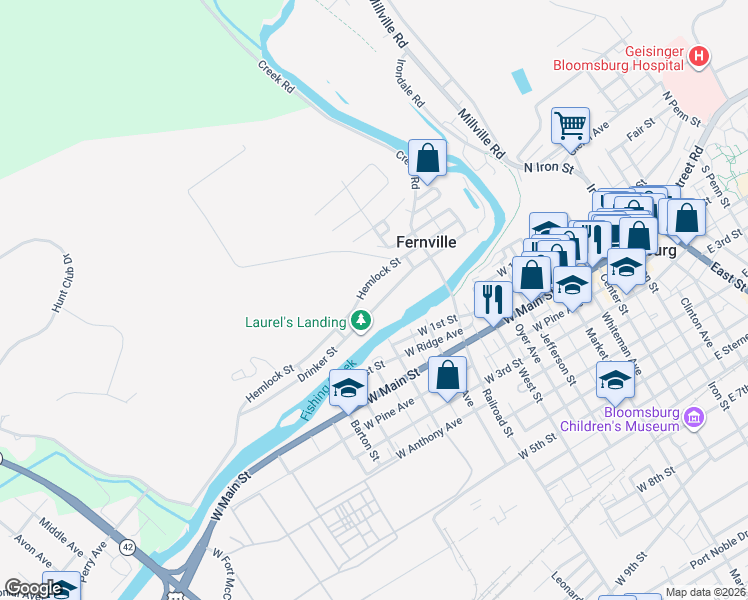 map of restaurants, bars, coffee shops, grocery stores, and more near 239 Drinker Street in Bloomsburg