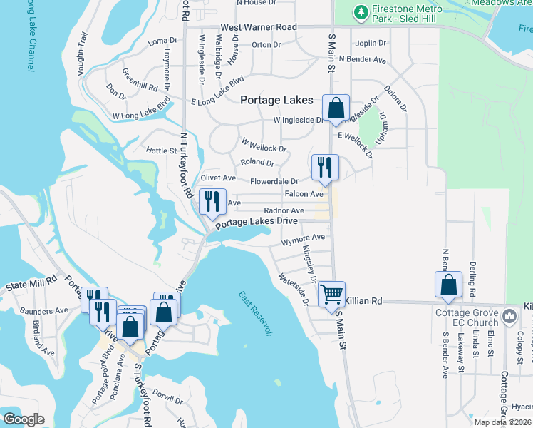 map of restaurants, bars, coffee shops, grocery stores, and more near 116 Lakota Avenue in Akron