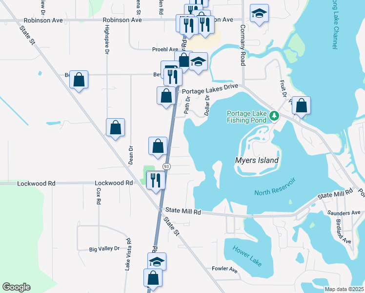 map of restaurants, bars, coffee shops, grocery stores, and more near 889 Anchor Drive in Akron