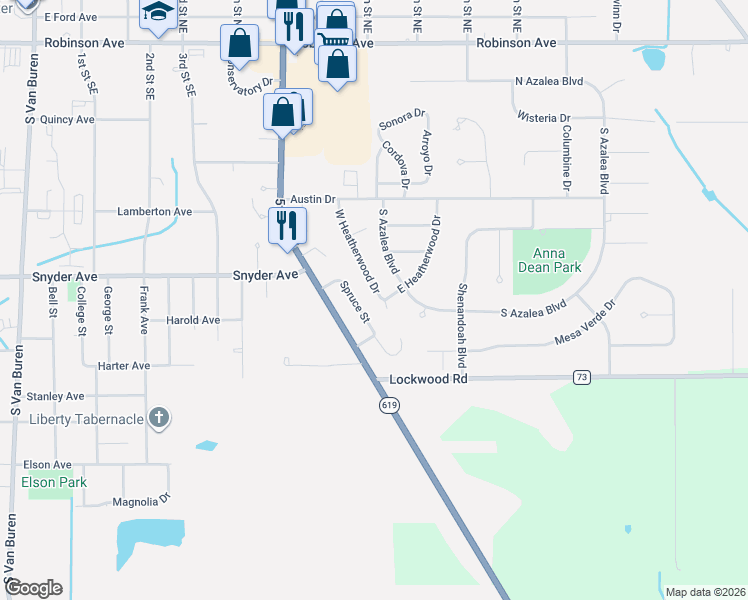 map of restaurants, bars, coffee shops, grocery stores, and more near 290 West Heatherwood Drive in Barberton