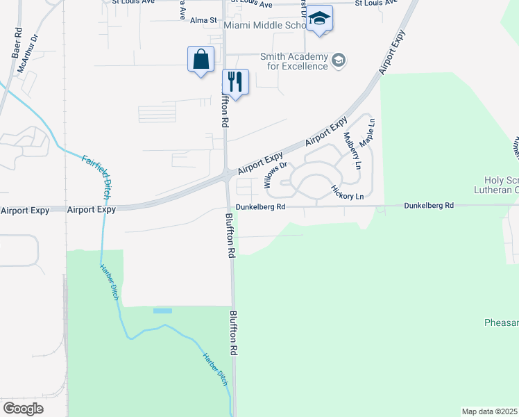 map of restaurants, bars, coffee shops, grocery stores, and more near 2240-2398 Dunkelberg Road in Fort Wayne